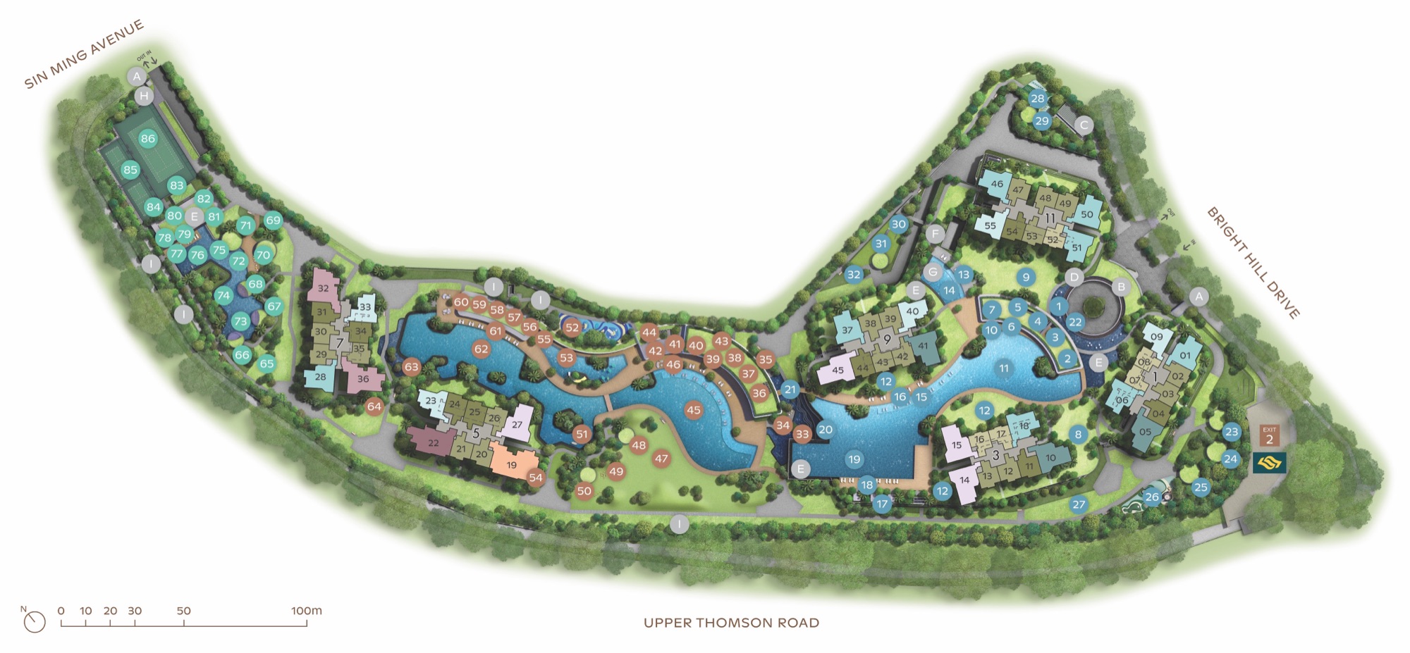 Thomson Reserve site plan showing the six blocks with their stack numbers, the facilities, Upper Thomson Road and Bright Hill Drive
